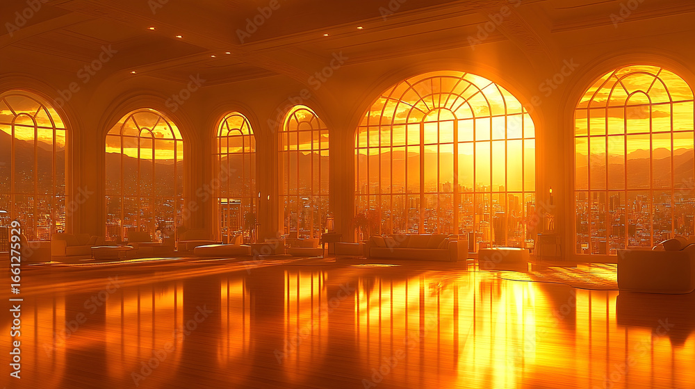 Fototapeta premium Sunset light through arched windows reflecting in calm water