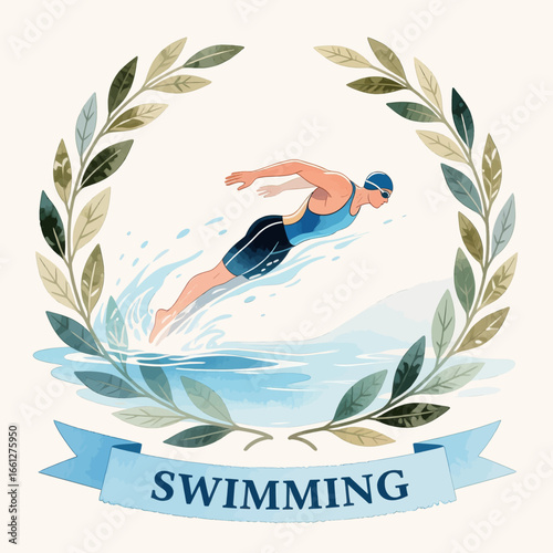Swimmer in Motion: Laurel Wreath Surrounding Serene Blue Water