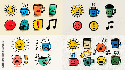 Cute doodle faces and coffee mugs with sun icons, music notes, and alerts. Fun hand-drawn emoji sticker set to express moods for chats, planners, and social posts.