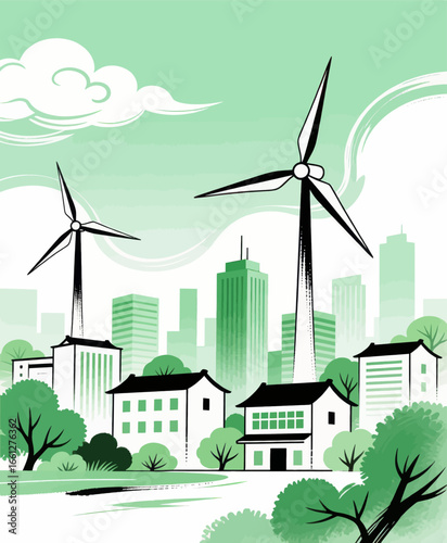 Sustainable Cityscape with Windmills and Green Buildings
