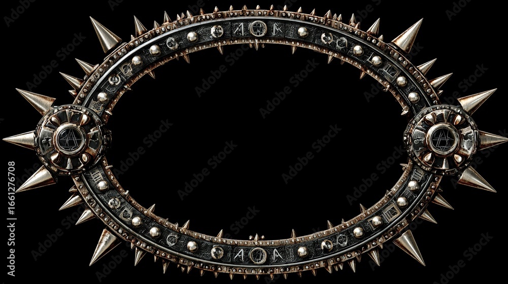 Fototapeta premium Oval spiked frame with runes & rivets, black background