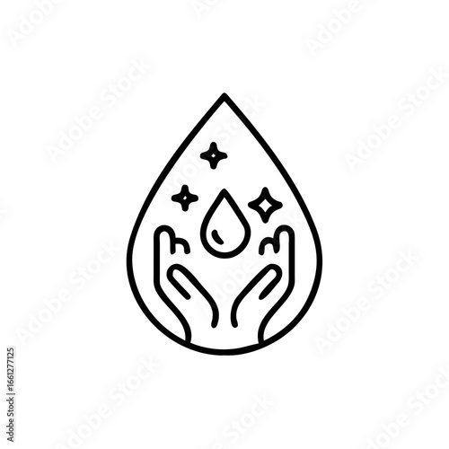 Dermatologically tested icon in line style vector label with water drop, hand with water logo. Dermatology test and dermatologist clinic icon, business concept allergy free and healthy