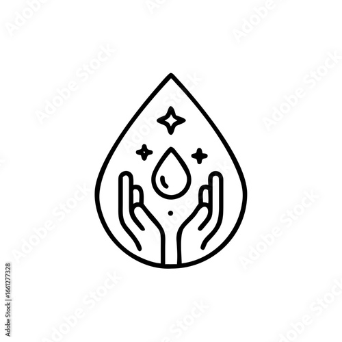 Dermatologically tested icon in line style vector label with water drop, hand with water logo. Dermatology test and dermatologist clinic icon, business concept allergy free and healthy