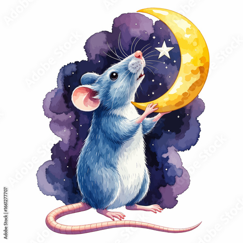 Whimsical Mouse Admiring Moonlit Night Sky Amidst Purple Clouds
