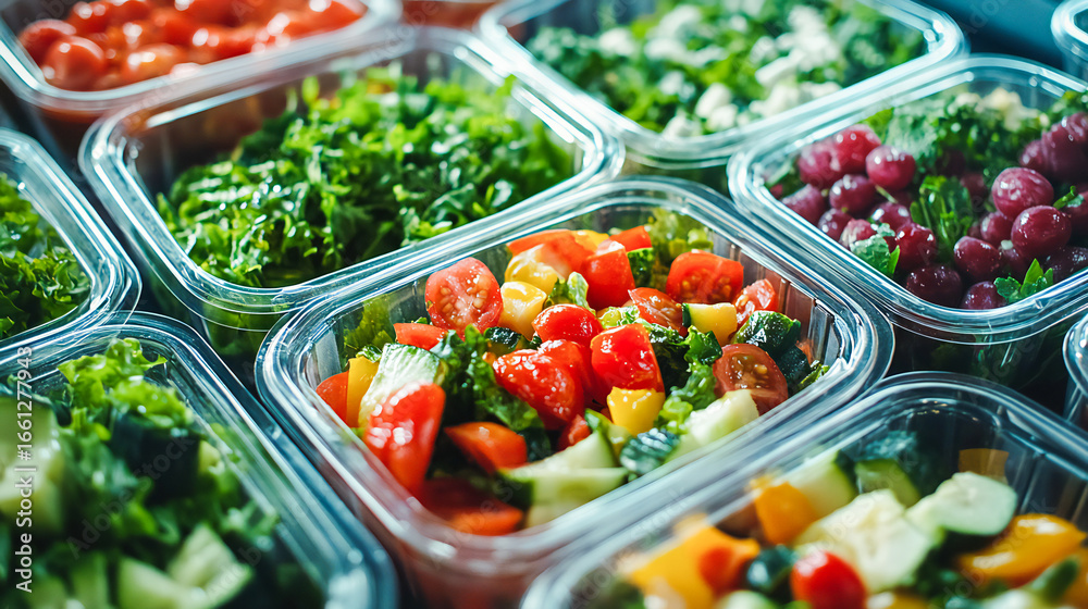 Obraz premium Top view of a close-up of several healthy vegetable salad lunch boxes packaged in plastic. Diet Take away food