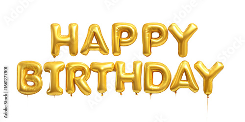 Shiny gold foil balloons forming the words happy birthday isolated on transparent background for celebration and party decor