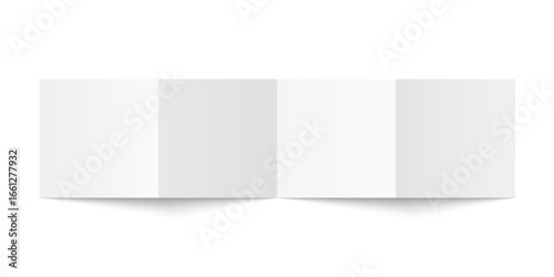 Vector white blank square four panel accordion fold opened on white background. Concertina fold, leaflet, brochure, booklet, flyer or invitation card mockup. Mock up back side isolated.