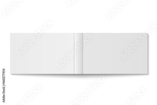 Vector mockup of white hardcover horizontal book spread cover isolated. Realistic magazine, brochure or booklet template opened on white background. 3d illustration.