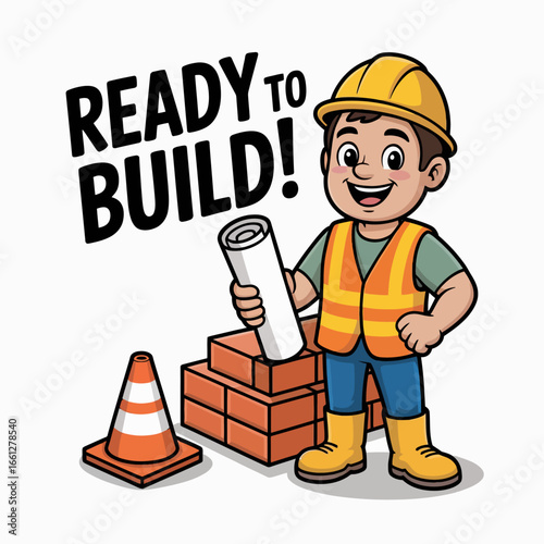 A cheerful construction worker wearing a yellow hard hat, orange safety vest and boots, holding a rolled blueprint in one hand. Workers stand next to stacked bricks and a traffic safety cone.