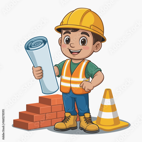A cheerful construction worker wearing a yellow hard hat, orange safety vest and boots, holding a rolled blueprint in one hand. Workers stand next to stacked bricks and a traffic safety cone.