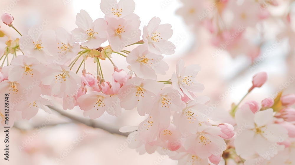 Obraz premium Delicate cherry blossoms in soft pink hues fill the image, capturing the essence of spring, Ideal for use in seasonal marketing, floral arrangements, or nature-themed designs,