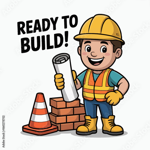 A cheerful construction worker wearing a yellow hard hat, orange safety vest and boots, holding a rolled blueprint in one hand. Workers stand next to stacked bricks and a traffic safety cone.