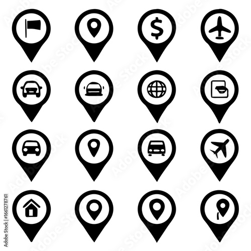 Set of map pin icon, restaurants, hospitals, supermarkets, telephones, stars, terminals, hotels, stations, bicycles, heart, camera house, airplane, .vector illustration