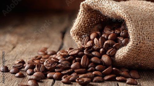 Burlap Sack with Fresh Coffee Beans on Rustic Wood