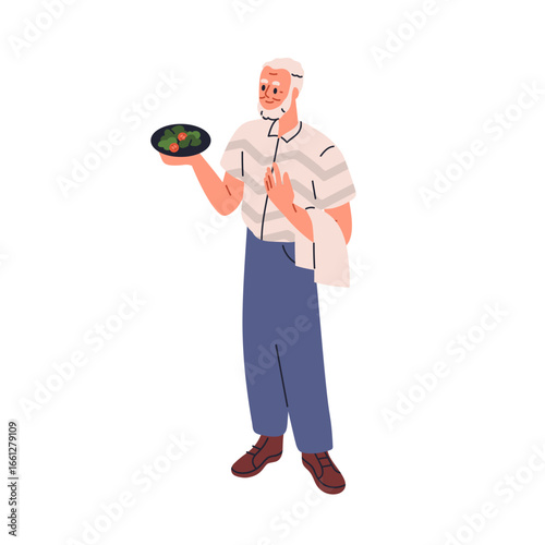 Elderly man holding plate with vegetable salad. Old senior aged character off...