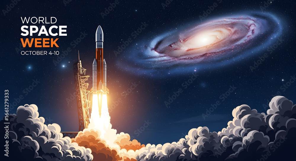 Naklejka premium Realistic style Earth from space with glowing atmosphere, Milky Way in background, inspirational theme for World Space Week poster.
