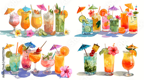 Vibrant watercolor tropical cocktails with fruit, ice, mint, and umbrellas, garnished with citrus and flowers. Refreshing summer drink set for menus, parties, and beach vibes.