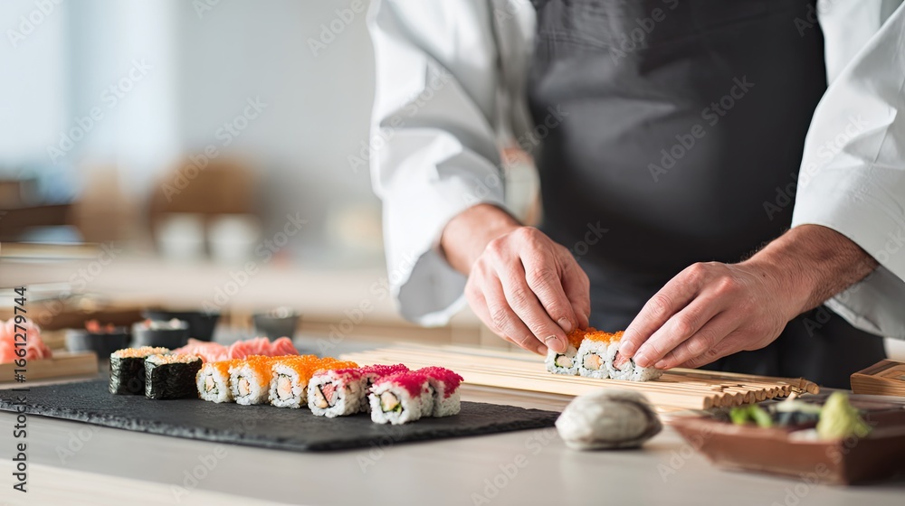 Fototapeta premium Chef Preparing Fresh Sushi Rolls in Restaurant Kitchen