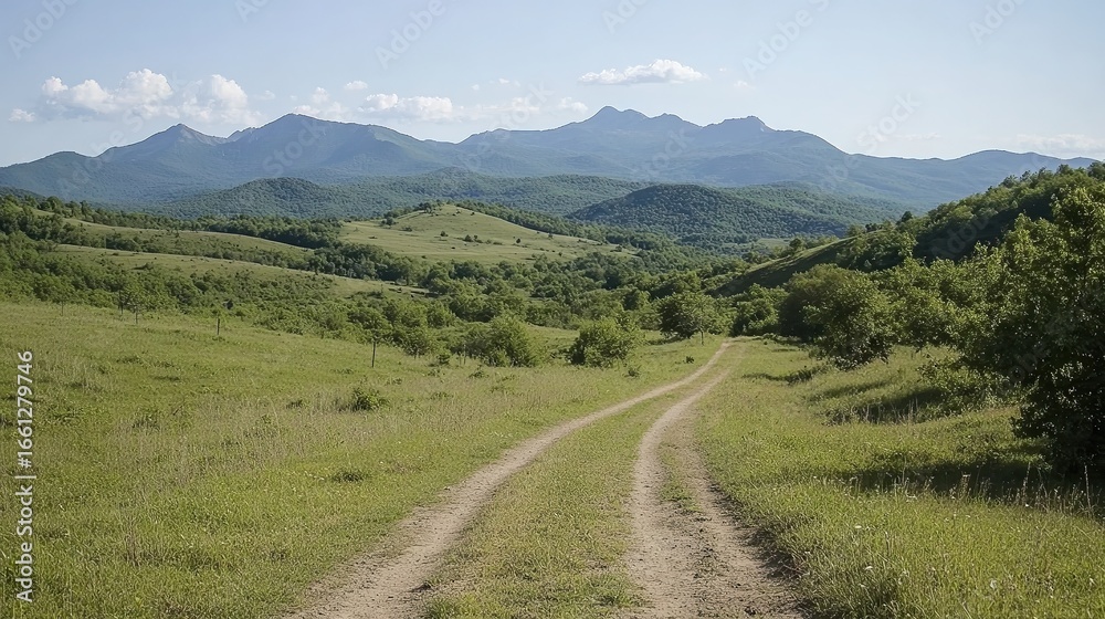 Fototapeta premium A scenic dirt road winding through lush green hills with majestic mountains in the background, perfect for travel blogs, nature magazines, or outdoor event promotions,