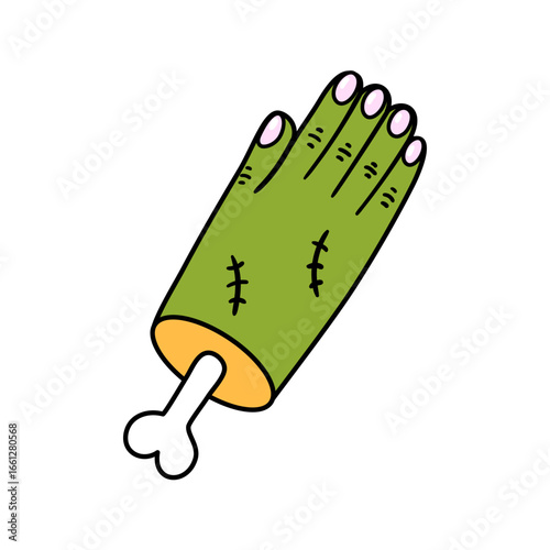 Creepy green monster hand with protruding bone and surgical stitch marks. Hand drawn vector illustration.