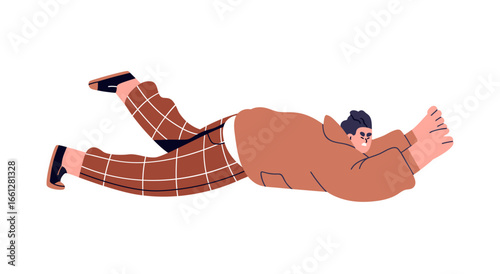 Man lying on ground after fall down. Unlucky clumsy fallen male character in awkward accident, slipping and stumbling. Failure and misfortune. Flat vector illustration isolated on white background
