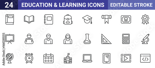 Editable Stroke Education Vector Icon Set – Book, Graduation Cap, Diploma, Certificate, Medal, Backpack, Calculator, Microscope, School, Laptop, Calendar, Online Learning, Science Icons