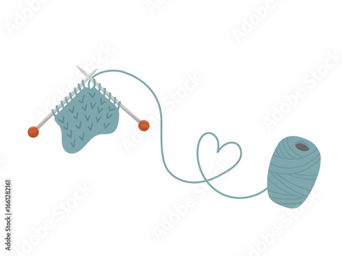 Simple illustration with knitting needles and yarn in blue color isolated on white background