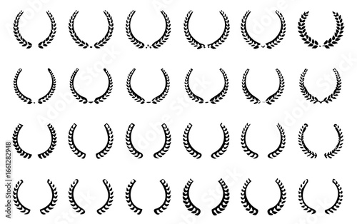 Collection of different black and white silhouette circular laurel foliate and oak, wreaths depicting an award, heraldry, achievement, victory, crown, winner, ornate, Vector icon illustration.