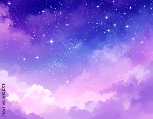 Dreamy celestial night sky with glowing nebula and stars above a sea of vibrant purple and pink clouds.