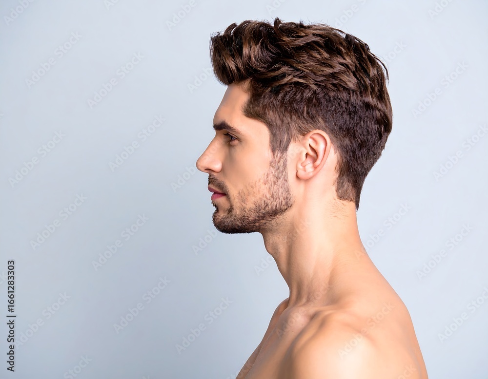 Fototapeta premium Profile view of a man with styled brown hair and a beard