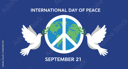International Day of Peace banner with doves and Earth peace symbol.