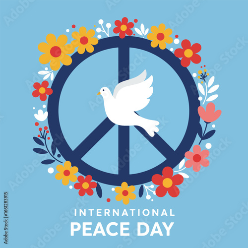 International Peace Day illustration with peace sign and dove.