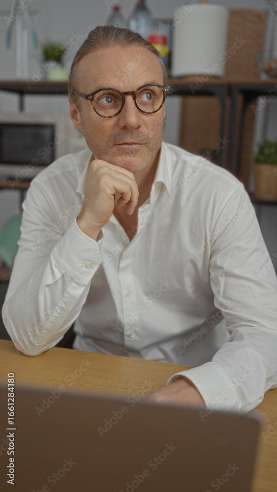 Fototapeta premium Mature man in an office setting wearing glasses and a white shirt, sitting thoughtfully at a wooden desk with modern decor and indoor lighting, suggesting a focused and professional atmosphere.