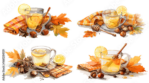Cozy autumn tea still-life: glass cups with lemon and honey dipper, maple leaves, plaid fabric, and seasonal nuts. Warm watercolor set for fall recipes, wellness, and holiday decor.