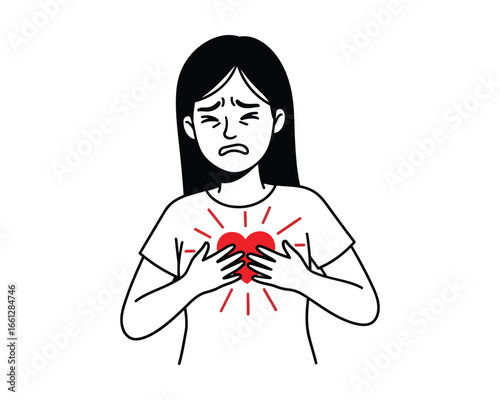 Woman with Chest Pain - Cartoon Vector Illustration of a Heart Attack Symptom