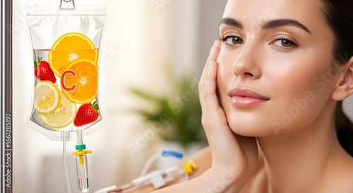 A skincare commercial featuring a model glowing with health, receiving a vitamin C infusion through a sleek, fruit-filled IV drip.