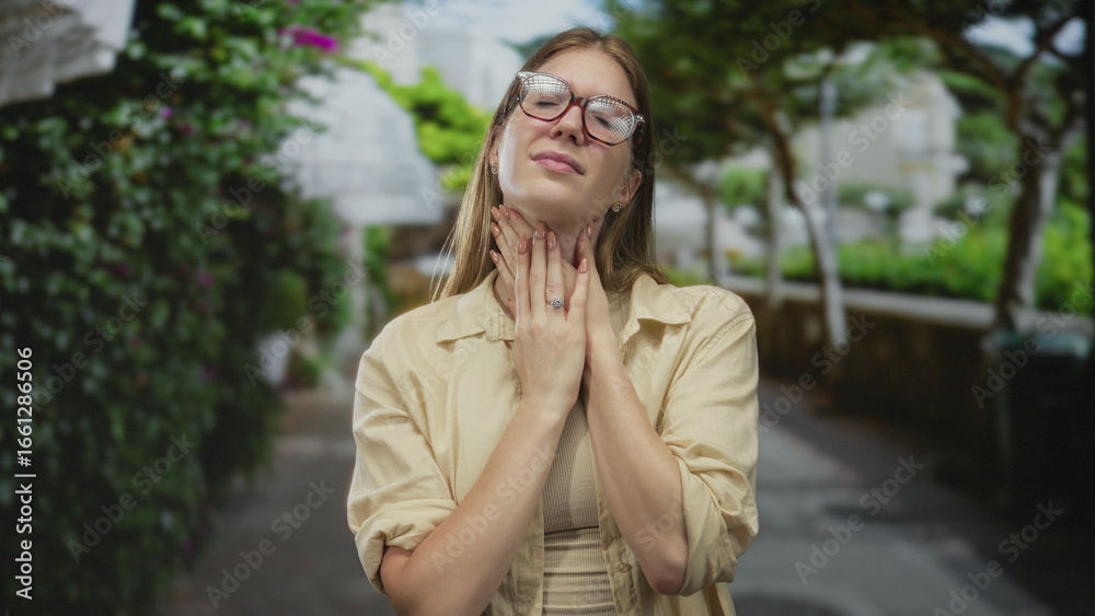 Fototapeta premium Young blonde woman in beige shirt touching neck near stone building with glasses reflecting sunlight; stress anxiety.