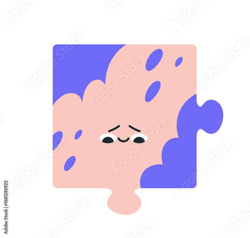 Puzzle element with sad face. Unhappy upset character, missing jigsaw piece with frustrated disappointed depressed emotion, expression, bad mood. Flat vector illustration isolated on white background
