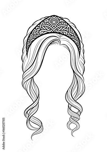 Illustration of a woman’s flowing hairstyle with an ornate headband, Illustration of a woman wearing a decorative kokoshnik with flowing hair