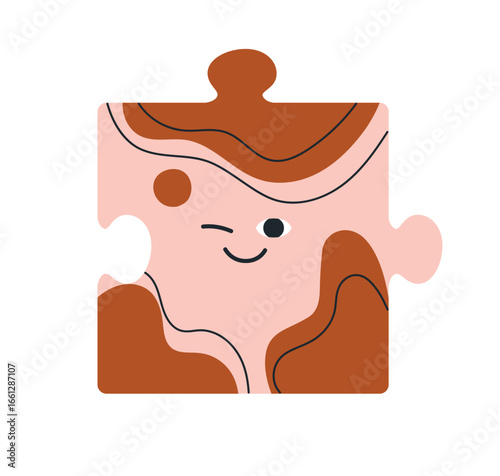 Puzzle character with cute funny face, smiling and winking. Jigsaw element, p...