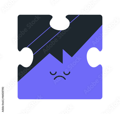Puzzle element character with sad miserable face. Upset mourning jigsaw, sorrow and despair emotion, hopeless unhappy sorrowful expression. Flat vector illustration isolated on white background
