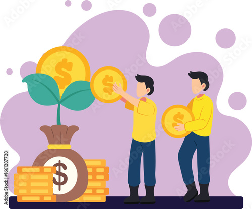 Team growing money plant with investment concept illustration
