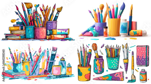 Colorful art supplies composition with brushes, pencils, markers, paints, and sketchbooks in playful style. Great for studio branding, creative workshops, and education materials.