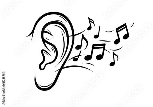 Ear with musical notes illustration emphasizing music and sound perception