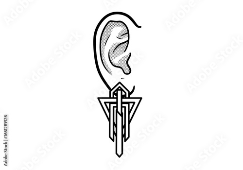 Geometric earring on a stylized ear illustration with minimalist outline design
