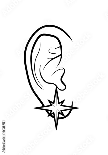 Star-shaped earring on a stylized ear illustration with minimalist outline design