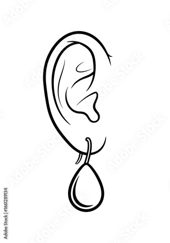 Teardrop earring on a stylized ear illustration with minimalist outline design
