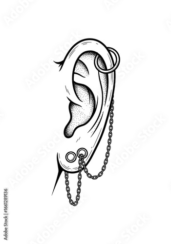 Hoop earring with chain on a stylized ear illustration with minimalist outline design