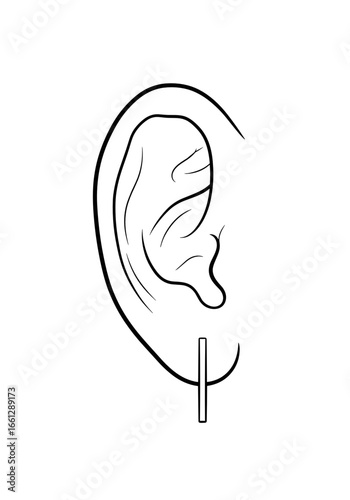 Simple stud earring on a stylized ear illustration with minimalist outline design