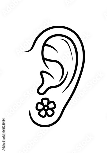Flower earring on a stylized ear illustration with minimalist outline design